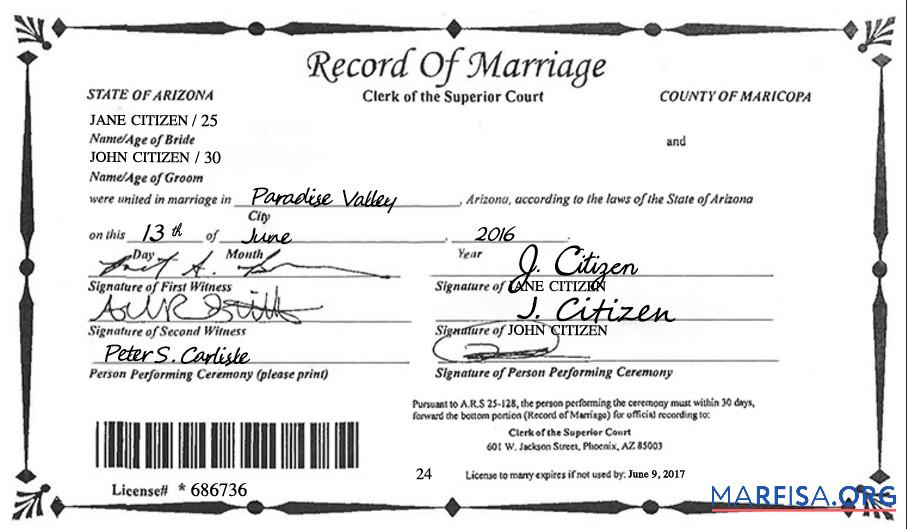Downloadable USA Arizona state marriage certificate template in PSD format